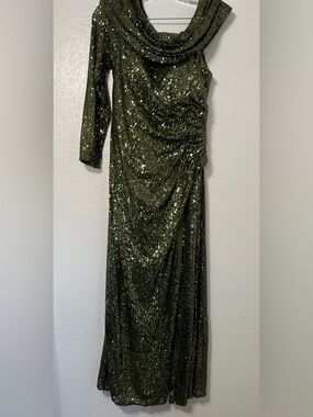 Ieena for Mac Duggal Olive Green Sequin One Shoulder Gown Formal Evening Glam